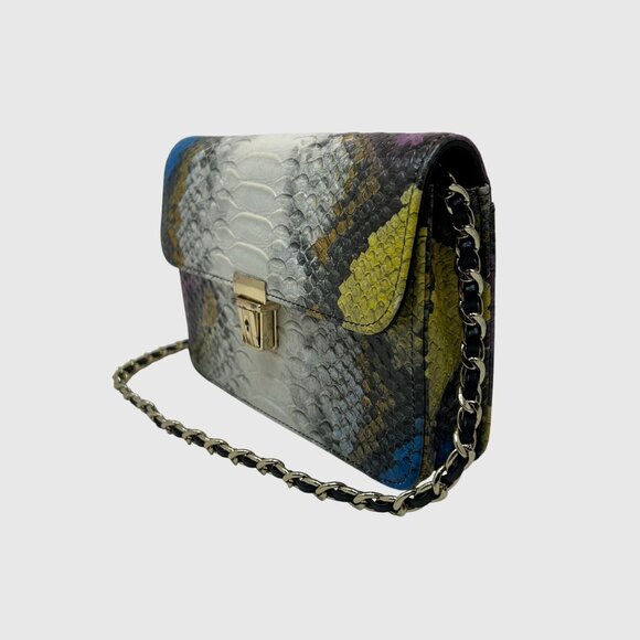 Women’s Python Embossed Crossbody Shoulder Bag w/ Chain Strap | Snake Print Flap - Picture 3 of 12